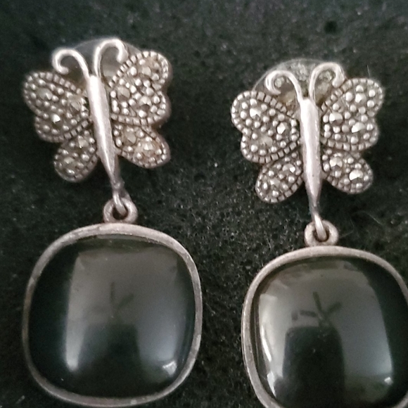 VINTAGE STERLING SILVER  BLACK  ONYX GORGEOUS EARR - Picture 2 of 4